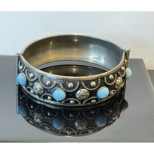Silvertone Tibet Hinged Bangle Bracelet With Faux Turquoise